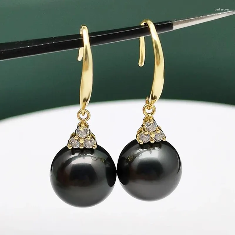 Boucles d'oreilles à tige en or véritable 18 carats pour femme, magnifique, avec perle de Tahiti noire naturelle, cadeau d'anniversaire