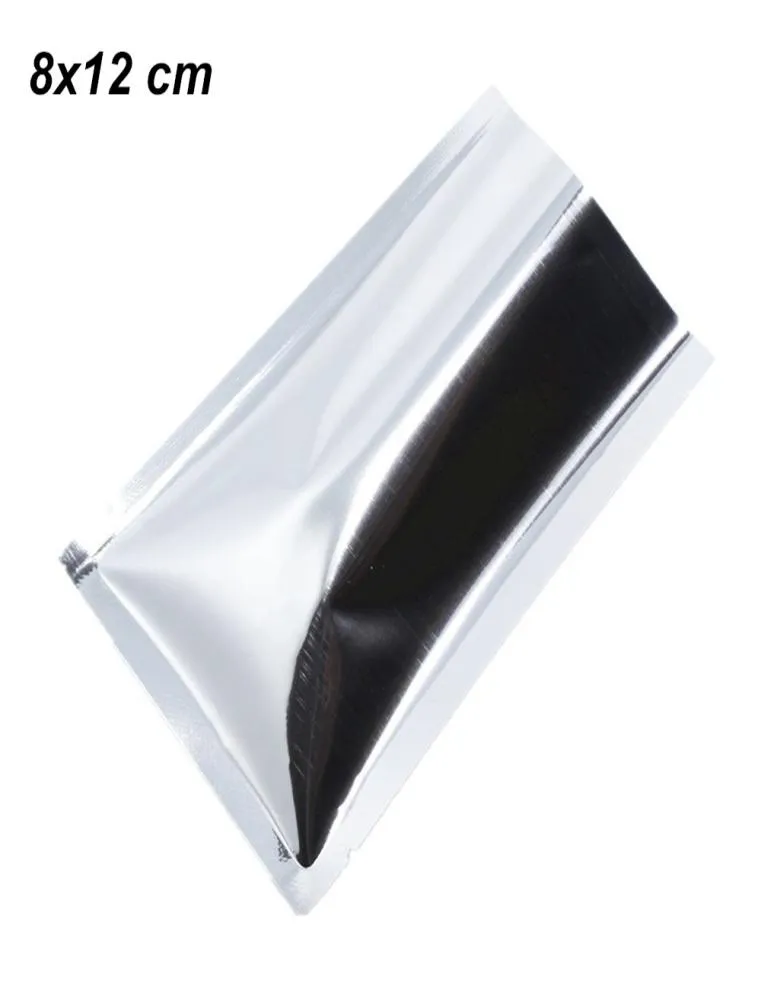 200 st parti 8x12 cm mylar folie aluminiumpåsar med skår för livsmedelsvärme tätbara provpaket påsar silver öppen topp mat gr501193