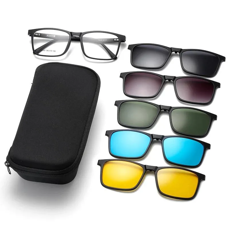 Sunglasses 1+5 Polarized Magnetic Sleeve Glasses Frame Male Ultralight Myopia Square Frame Female Optical Prescription Sunglasses 12147