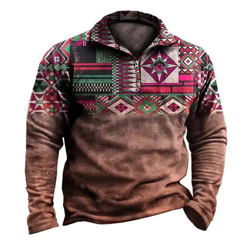 Mäns etnisk stil blixtlås tröja 3D -tryck hoodies högkvalitativ vintage överdimensionerad topp höst utomhus sport mode kläder 240110