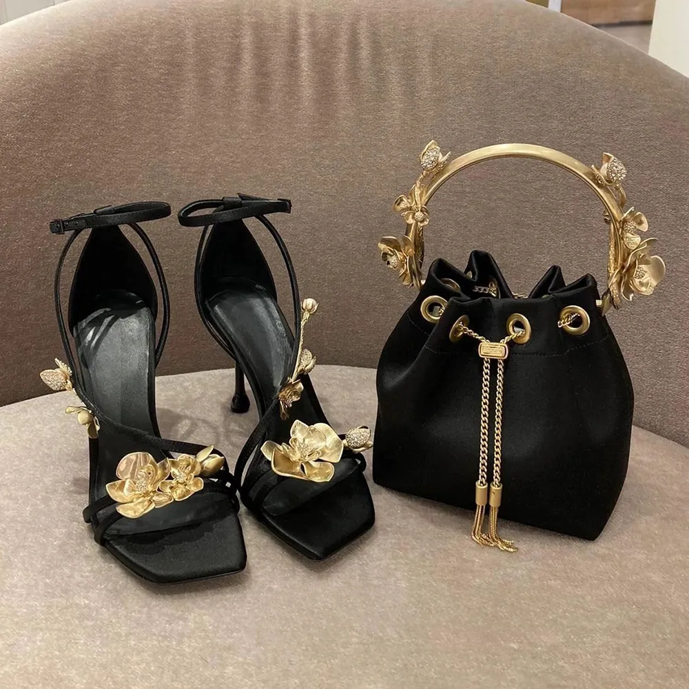 New Black Satin Sandals with Metal Flowers 95mm fashion Women's Square Toes Ankle Strap Stiletto Heel sandal Luxury Designer shoes party Evening shoes With box