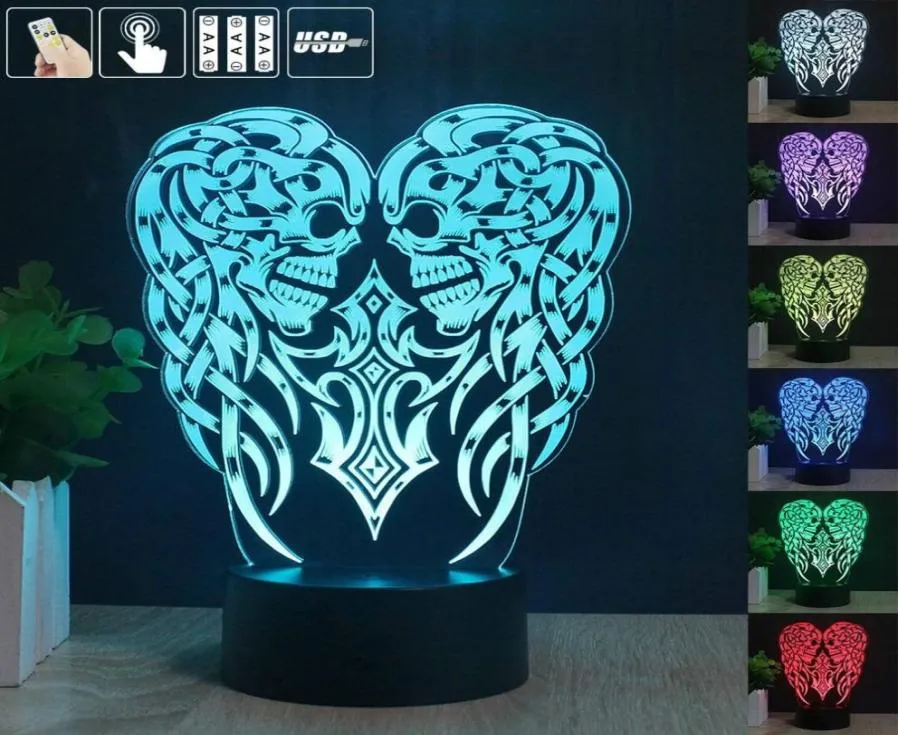 Ny fjärrkontroll Angel Wings Skull Cross 3D LED Night Light Touch 7 Color Change Table Lamp Acrylic Night Light Home Decoration6670167