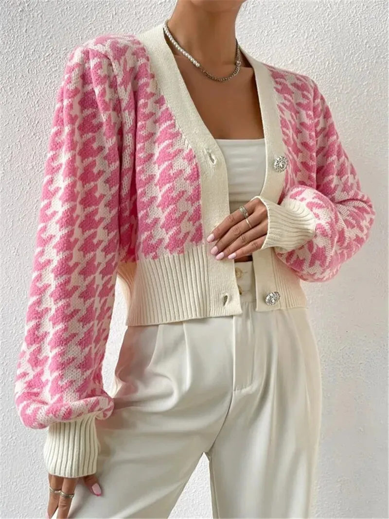 Женское осенне-зимнее пальто с узором «гусиные лапки» и рукавами-фонариками, вязаный кардиган, свитер, блузка, повседневная мода, стиль для путешествий 240109