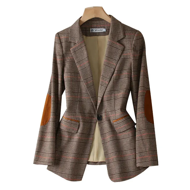 Arrivée dames décontracté café Plaid Blazer femmes à manches longues simple bouton mince veste manteau pour automne hiver Blazers Y2K 240110