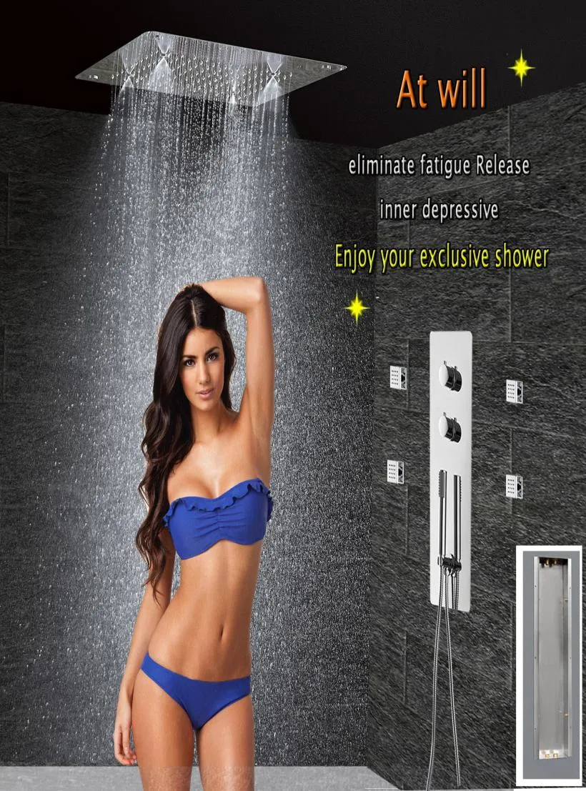 Badezimmer-Duschset, verdecktes Thermostat-Duschpaneel, Mischbatterie, Badewannenarmatur, LED-Deckenduschkopf, 300 x 300, Regennebelmassage, je5541084