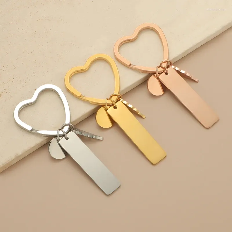 Keychains Fnixtar 10Pcs/Lot Mirror Polish Stainless Steel Heart Wing Round Rectangular Key Rings DIY Logo School Bag Car Pendant Gift