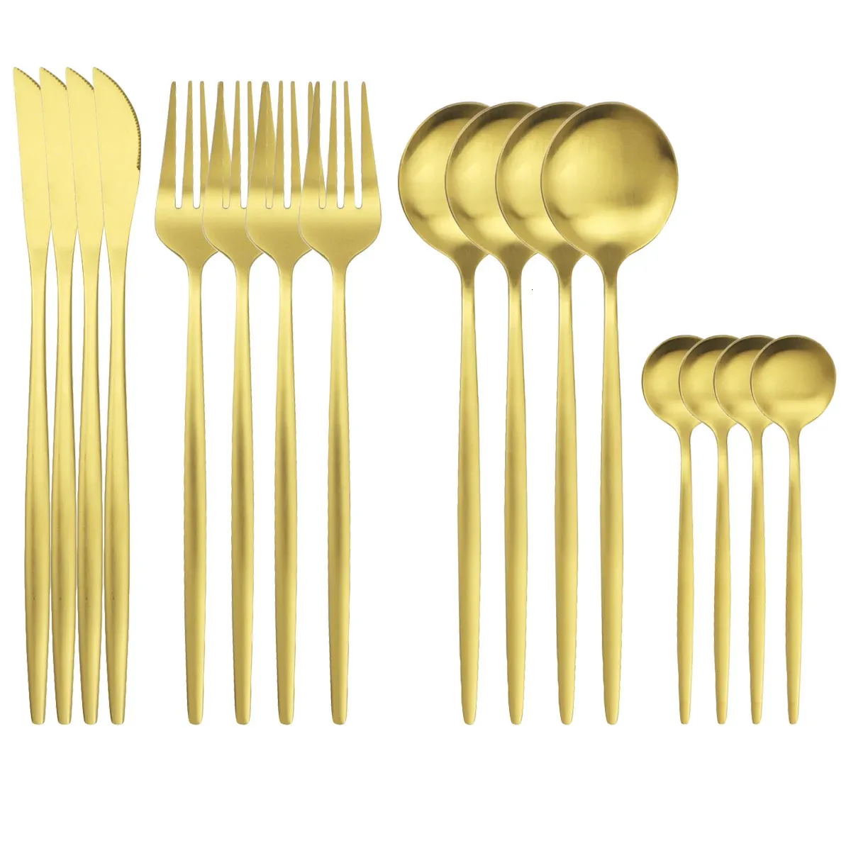 16st Gold Matte Cutlery Set Knife Fork Spoons Moderföretag Set rostfritt stål Tabeller Western Flatware Kök Silverware Set 240110