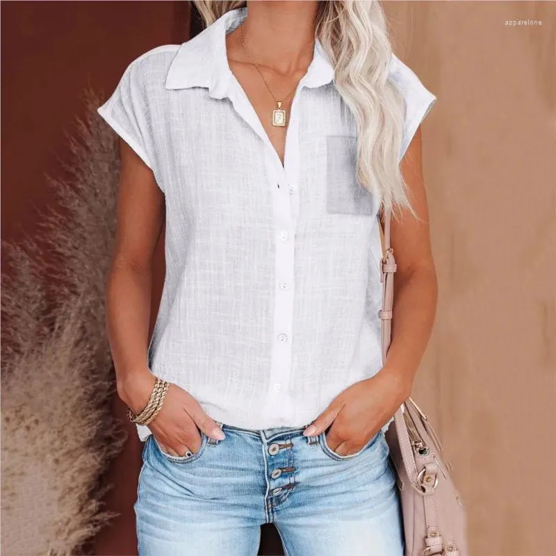 Blusas femininas verão moda cor sólida lapela botão bolso camisa elegante algodão e linho manga morcego casual blusa de manga curta