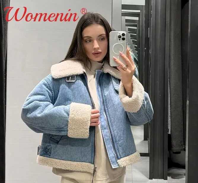 LAPEL LAMBS WOOL Denim Women Croped Jacket Casual Thicken Long Sleeve Zipper Coat Autumn 2023 Fashion Vintage Fleece Lady Top 240109