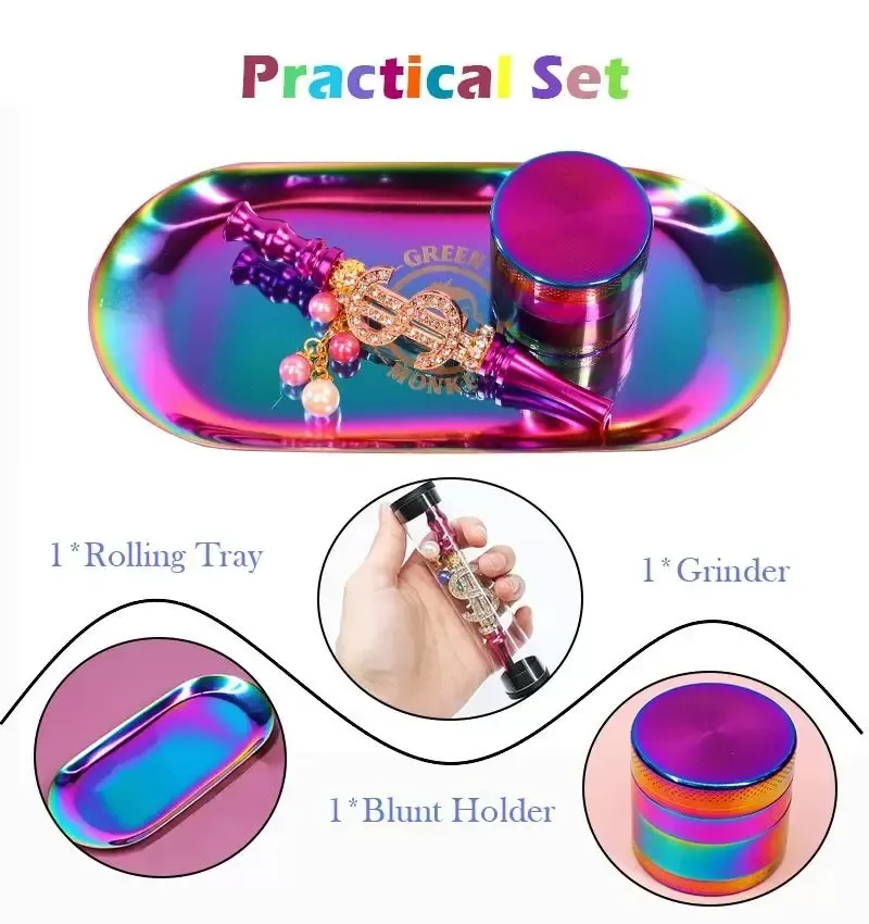 DHL UPS Smoking Accessories Rainbow launched smoking set metal herb grinder rainbow rolling tray bling blunt holder B0901