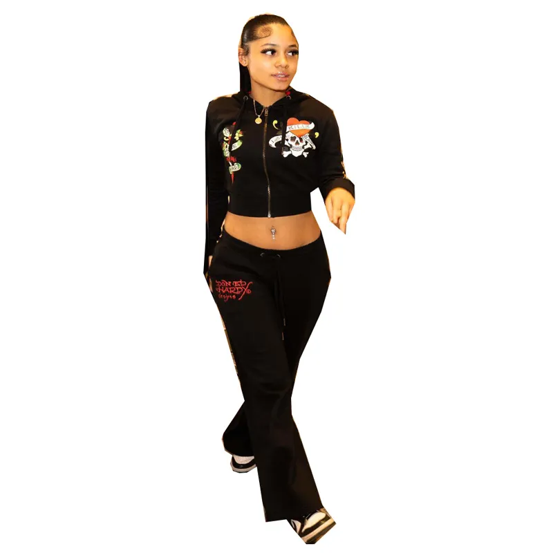 Stylish Lady Cartoon Letter Tryckt Hip Hop 2 -stycken Set Women Lång ärm huva jacka och byxdräkter 2024 Spring Tracksuits