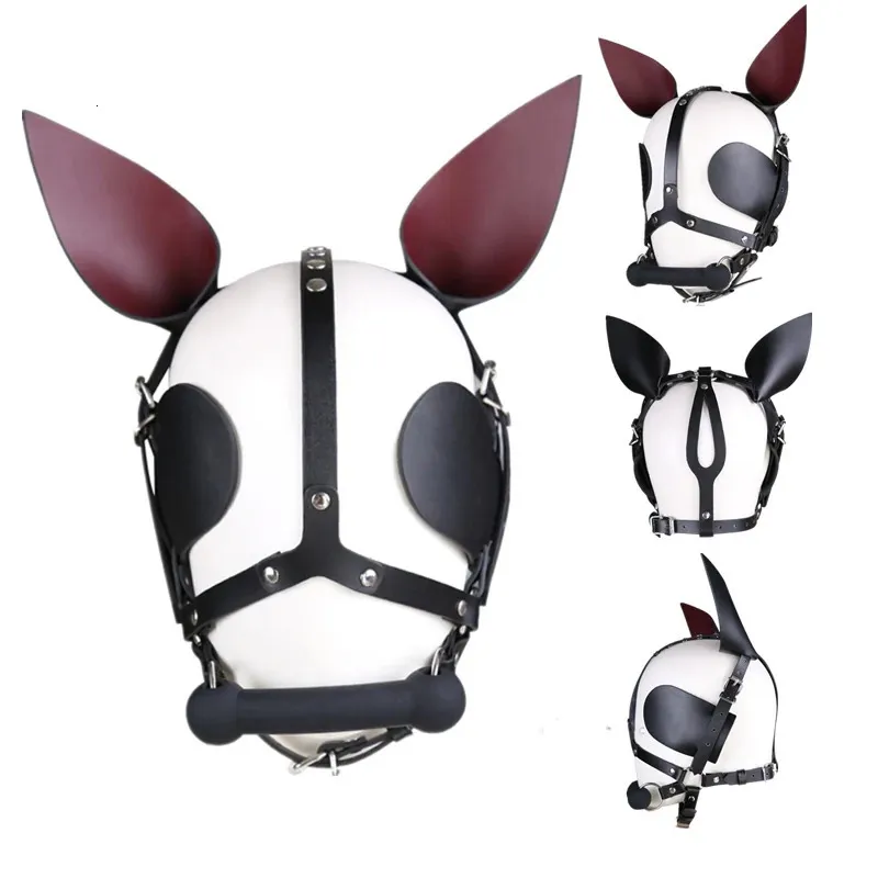 Harnais en cuir fétiche pièce de tête masque à capuche avec bouche en os de silicone oreilles gag oreilles ombre bandeau pour poney animal de compagnie cosplay bdsm 240109