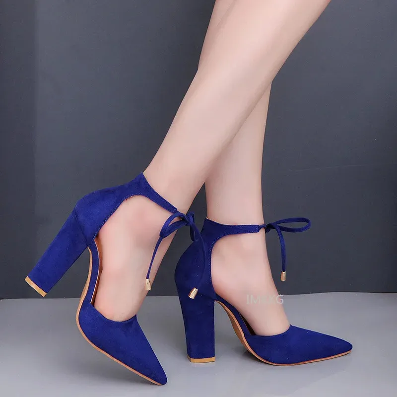 Seksowne spiczasty palce butie buty kwadratowe wysokie obcasy koronkowe kobiety pumpy ślubne Pasek Niebieski kobieta zapatos mujer rozmiar 43 240110