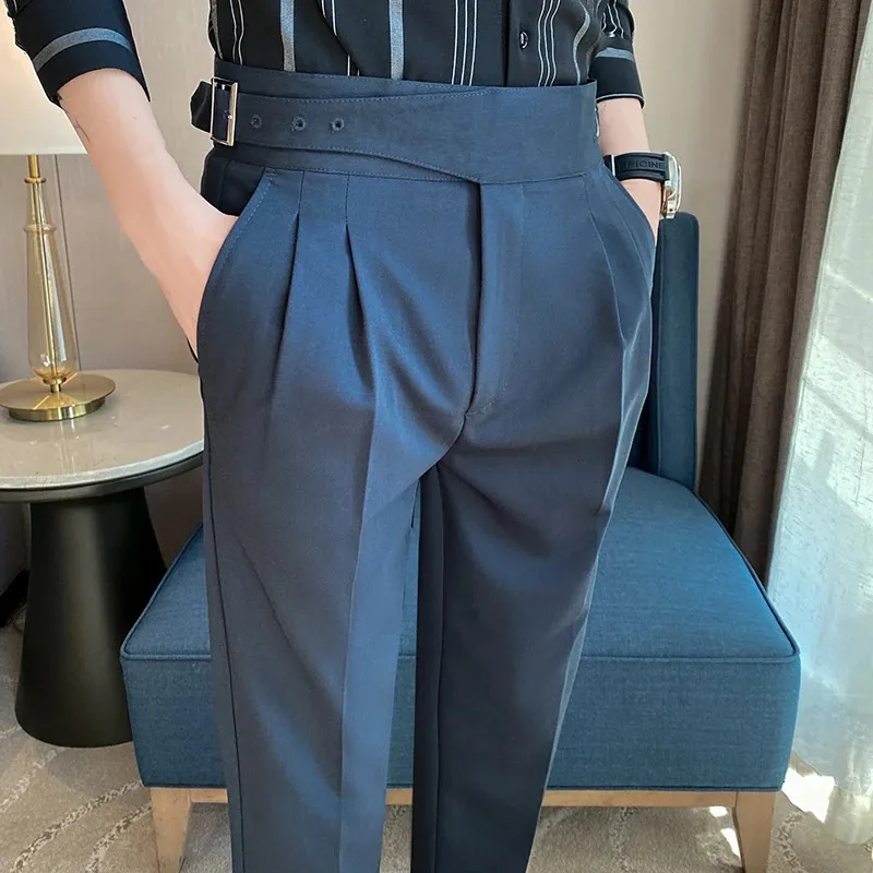 Brytyjski styl mężczyźni wysoki talia sukienka spodni Mężczyzn Pasek Pasek Slim Spodni formalne biuro społeczne sukienka przy przyjęciu w stylu 240109