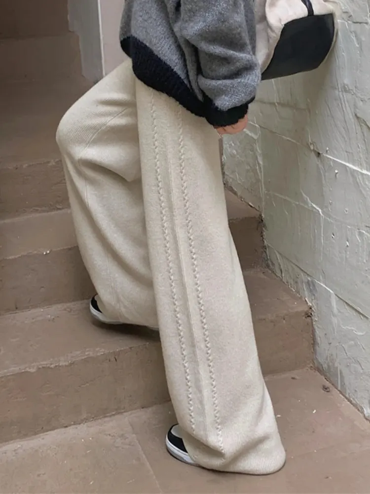 Pantalon femme décontracté chaud ample tricoté pantalon large taille haute doux cireux confortable mode pantalon droit pour les femmes 240109