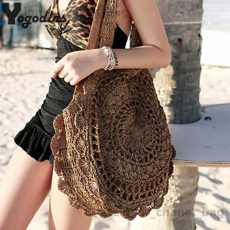 Shoulder Bags Bohemian for Women Circle Beach Handbags Summer Rattan Shoulder Bags Handmade Knitted Travel Big Totes Bag New T240110