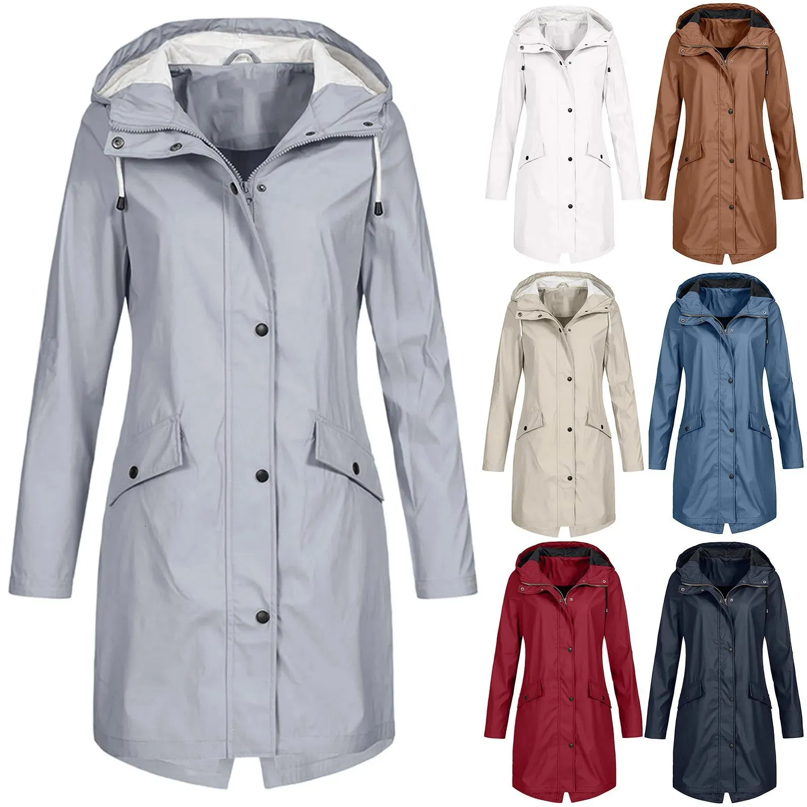 Mode Vrouwen Effen Geul Outdoor Windjack Lange Mouw Regenjas Met Capuchon Winddichte Jas Regenjas Uitloper Casaco 240110