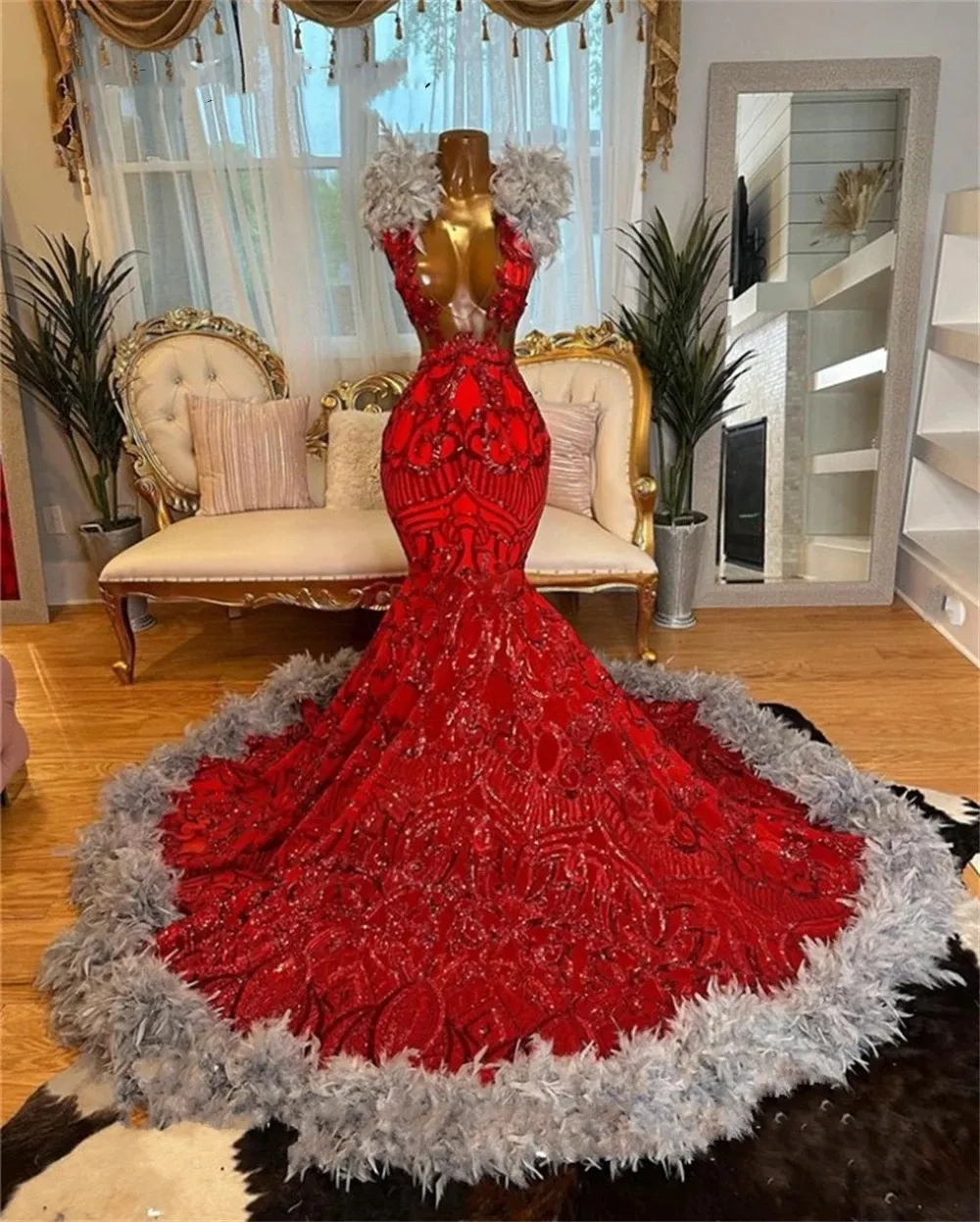 Vestidos de fiesta de graduación con plumas grises y encaje de lentejuelas rojas, Vestidos de noche negros de sirena para fiesta de cumpleaños, 322, 322, 2024