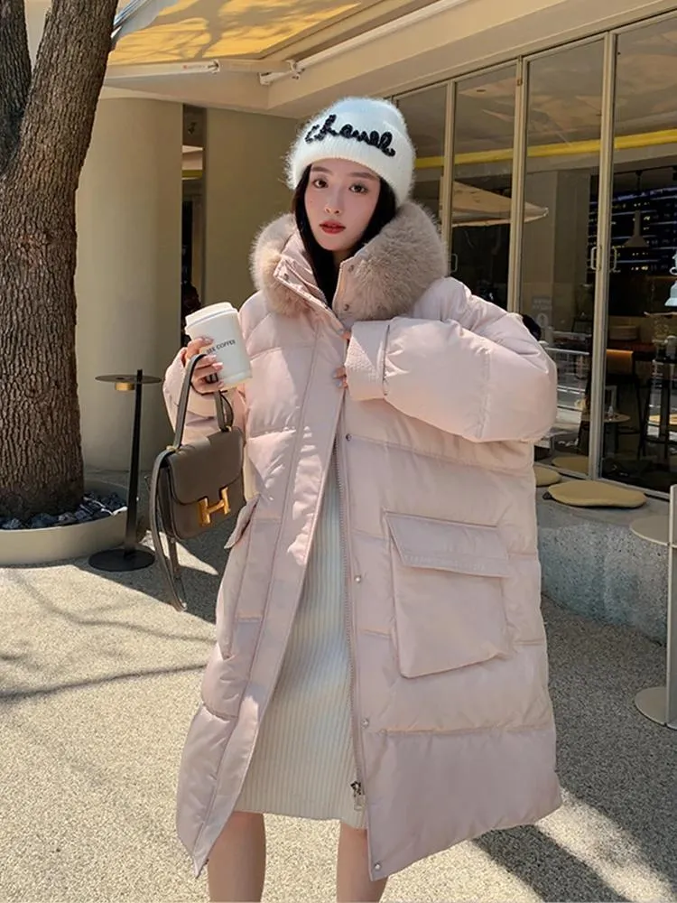 パーカー冬ピンクロングパーカーコート女性2022韓国ファッションエレガントな女性シックなジャケットファーカラービッグポケット特大のパフコート