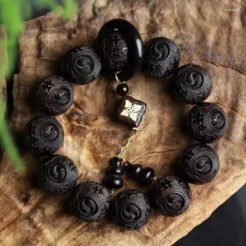 Link Bracelets Purple Light Sandalwood Carved Bracelet Black Ox Turned Qiankun Cultural And Buddhist Bead Gourdaccessories