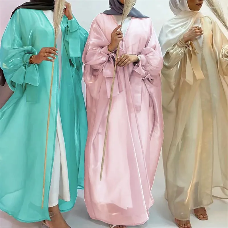 Ethnische Kleidung Elegantes Kimono-Abaya-Kleid mit Blasenärmeln für Frauen Sommer dünner heller Satin Kurze solide durchsichtige vorne offene Robe Ramadan
