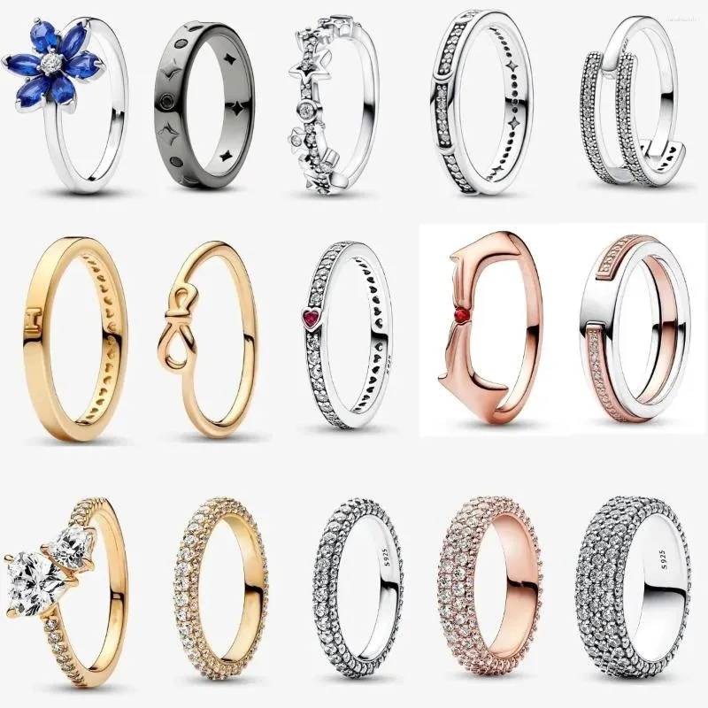 Cluster Ringen 2024 Authentieke 925 Sterling Zilveren Dubbele Hart Fonkelende Tijdloze Pave Enkele Triple Dubbele Rij Ring Voor Vrouw Sieraden