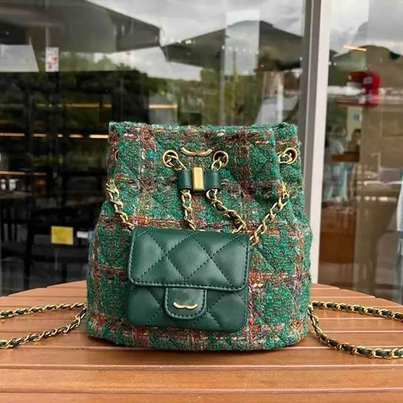 Mini designer mochila tweed balde saco mulheres corrente verde bolsa de ombro tecido de lã tote sacos de qualidade de luxo composto crossbody carteira 22cm