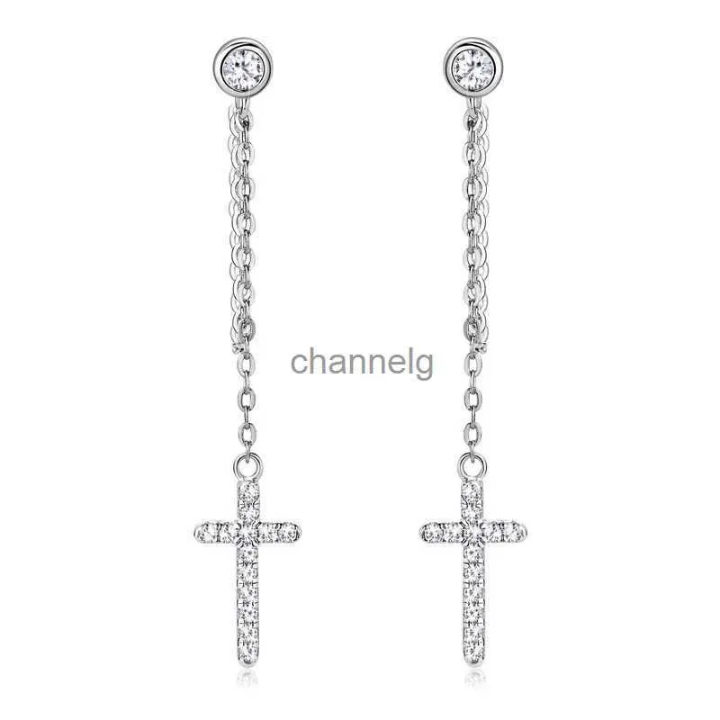 Stud Zfsilver Fashion S925 Silver Moissanite Classic 0,1CT Exquisite Tassel Chain Cross Earring for Women Accessories Jewelry EMO-329 YQ240110