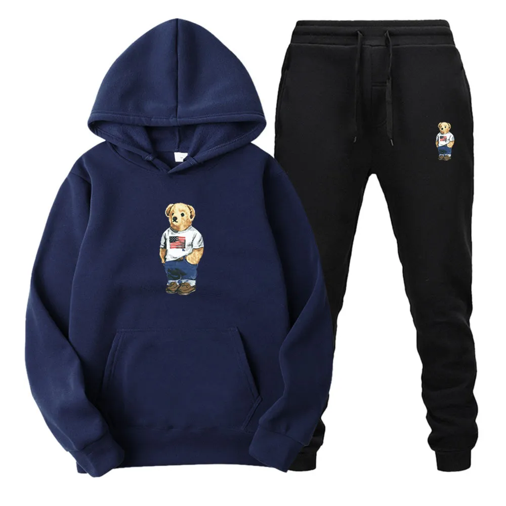 Pulls pour hommes Polos Designer Sweats à capuche Pantalons de survêtement Pull Veste Pull Dessin animé Ours Col rond Coton Hiver Manches longues Nouveau Costume à capuche imprimé décontracté