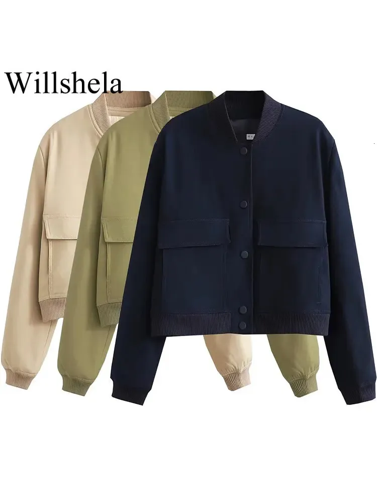 Willshela femmes mode solide Bomber vestes manteau avec poches col en v simple boutonnage manches longues femme Chic dame tenues 240110