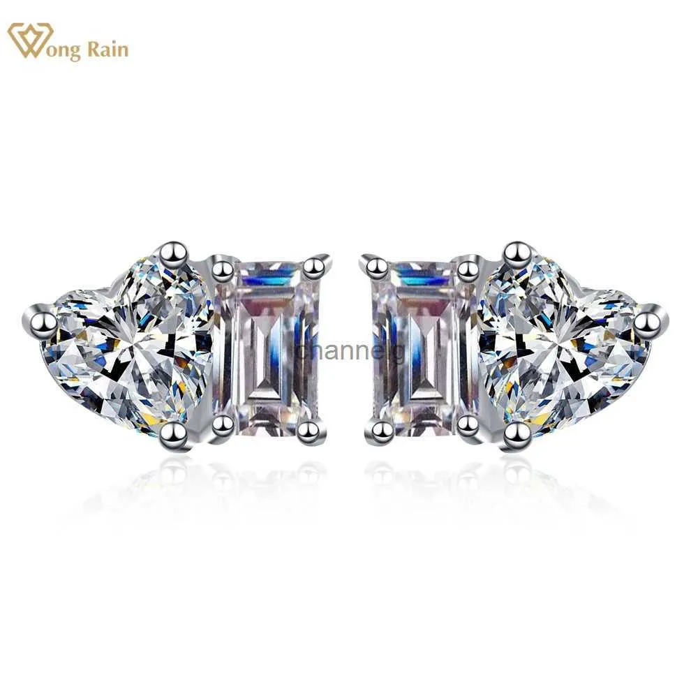 Stud Wong Rain 925 STERLING Gümüş VVS1 3EX Kalp Emerald Cut 2ct Gerçek Moissanite Elmas Kulak Çemberleri Küpe Takı Gra Toptan YQ240110