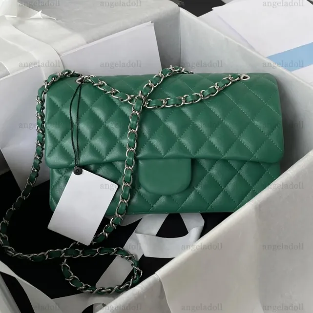 Rétro Miroir Qualité Designer Classique Double Flap Sacs 25cm Moyen Femmes Sac À Main En Cuir Véritable Caviar Agneau Vert Matelassé Sac À Main Bandoulière Épaule Chaîne Boîte