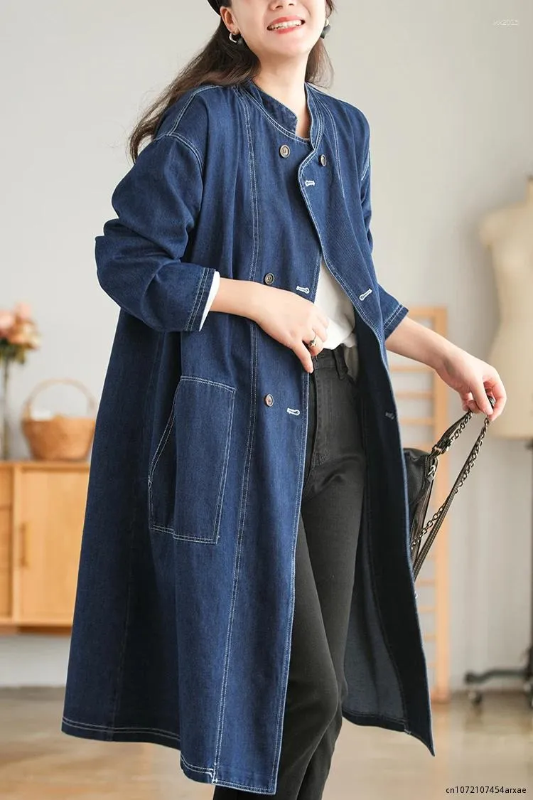 Giacche da donna Colletto vintage alla coreana Giacca di jeans lunga blu Donna Autunno Manica abbottonata giapponese Giacca a vento oversize ampia Jean