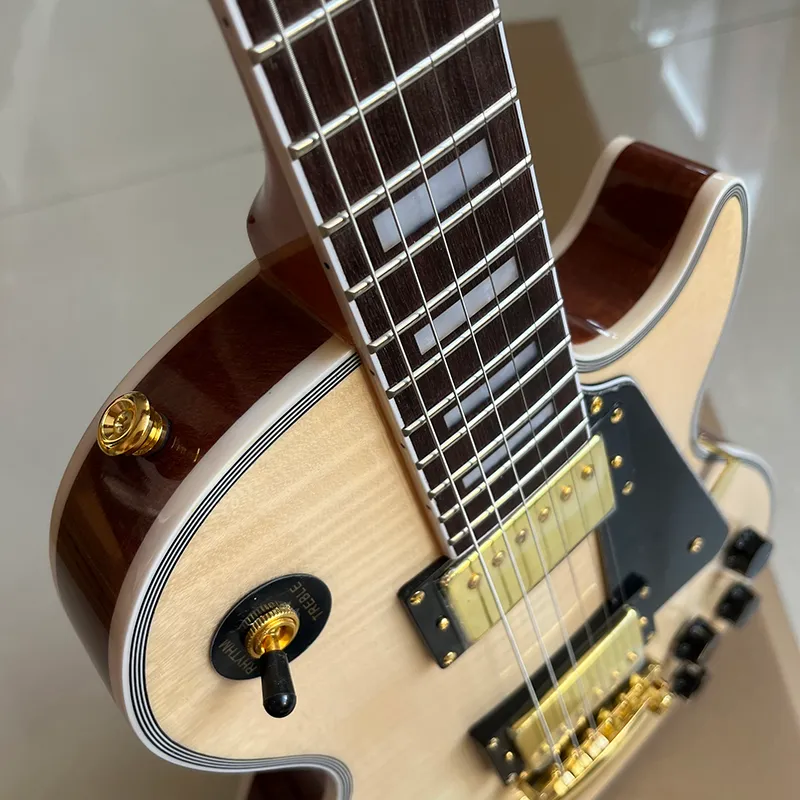 Classic wood colored bright electric guitar, professional level, quality assurance, and fast delivery.