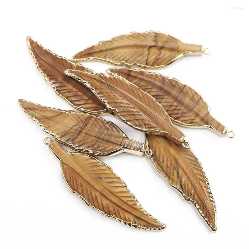 Pendant Necklaces Natural Stone Drawing Leaf Feather Picture Necklace Sweater Chain Stylish Reiki Charm Jewelry Accessories Wholesale 5Pcs