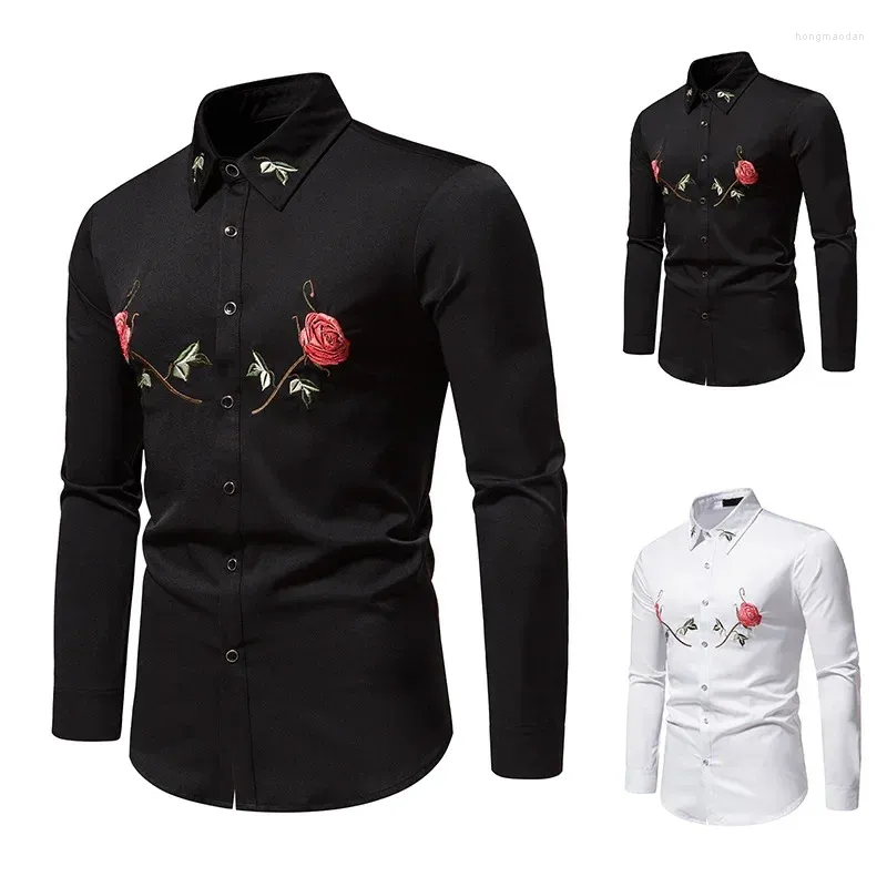 Chemises décontractées pour hommes automne et hiver classique broderie rose grande manches longues