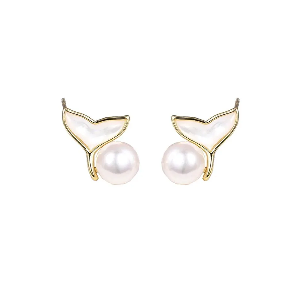 Earrings HOYON Pure 925 Silver Natural Pearl Earring Original Elegant Round Stud Earrings for Women Jewelry Charm Mermaid Tails Ear Nails