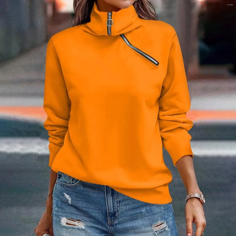 Women's Hoodies Autumn T-shirt Fashion Loose Women Pullover Solid Sports Tops Quarter Zip Skew Collar Sweatshirt Female Long Sleeve Top