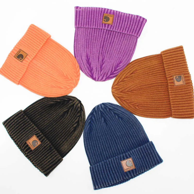 Washed old striped tooling leather label dome brimless thermal hat men's and women's damp cold hat knitted wool hat