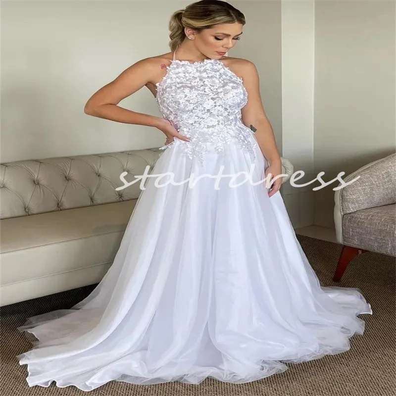 Corsage en dentelle Boho Robe De Mariée Blanche Halter Sexy Robe De Mariée Dos Nu Une Ligne Balayage Train Tulle Bohème Pays Robes De Mariée 2024 Robe De Mariee Vestios De Novias