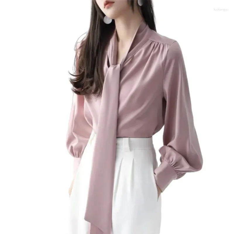 Kvinnors blusar 2024 Casual Shirt Satin Front Collar Tie Up Long Sleeved Cuffs Button Design för kvinnor