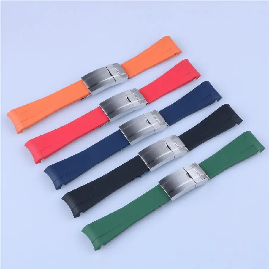 Bracelet d'extrémité incurvée de 20 mm et fermoir en argent tout brossé en silicone noir marine vert orange rouge bracelet de montre en caoutchouc pour bracelet Rol SUB GMT Dat332o