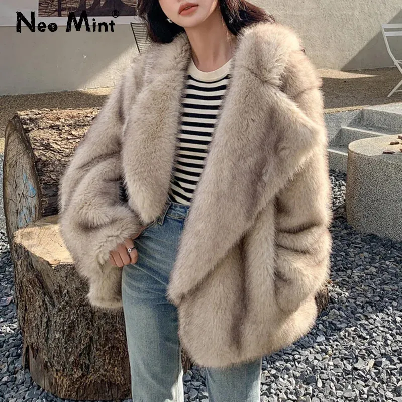 Brand Fashion Gradient Animal Color Faux Fur Coat Jacket Women Winter Loose Oversized Long Fluffy Overcoat Outerwear 240110