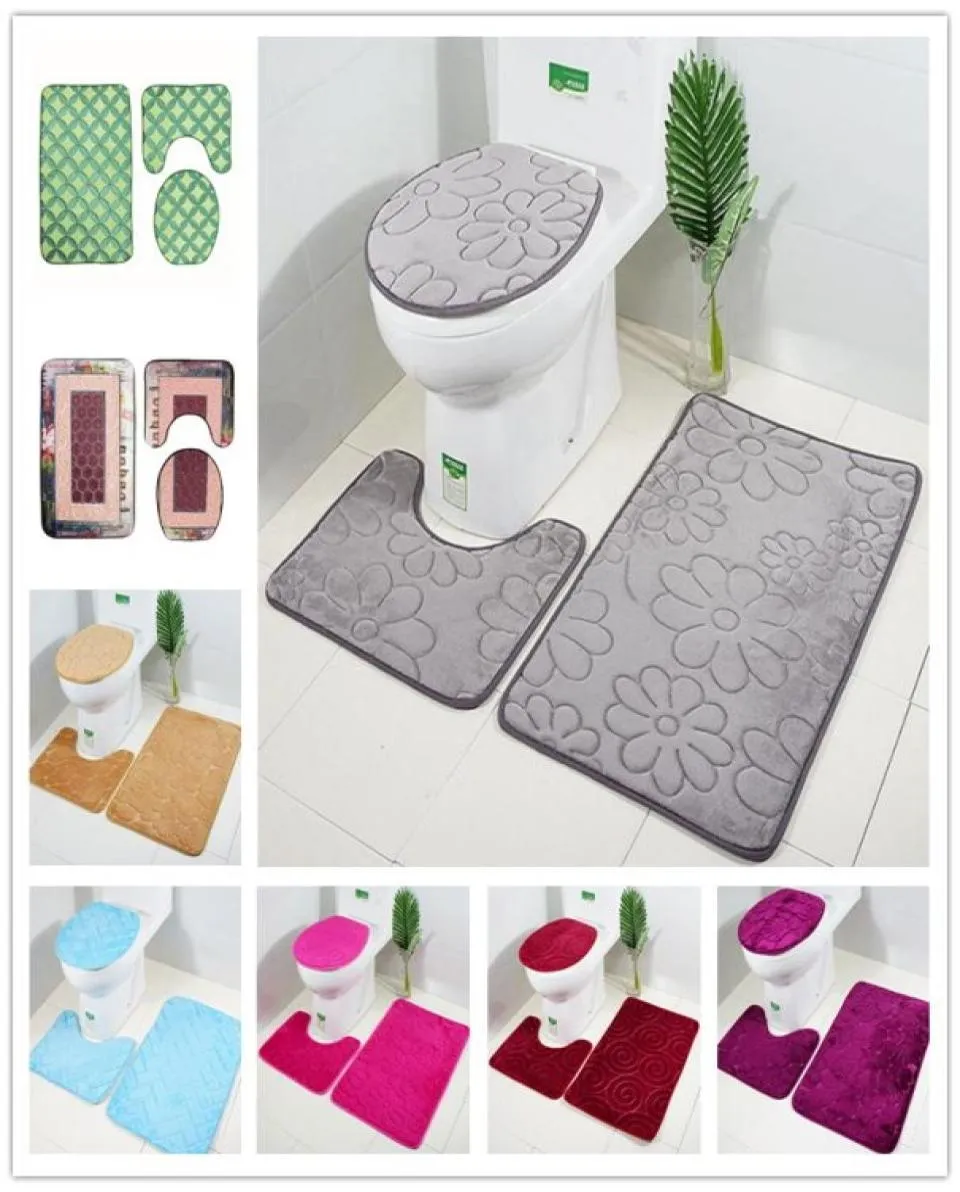 3 pièces ensemble de salle de bain 25 conception couverture de toilette tapis piédestal ensemble de tapis doux Polyester éponge moletage antidérapant tapis de salle de bain Set9197307