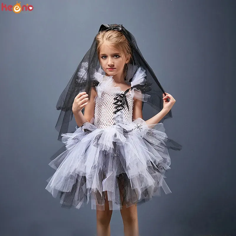 Halloween Zombie Bride Girls Tutu Dress with Veil Glitter Sparkle Tulle Kids Corpse Ghost Costume for Purim Carnival Party Dress 240109