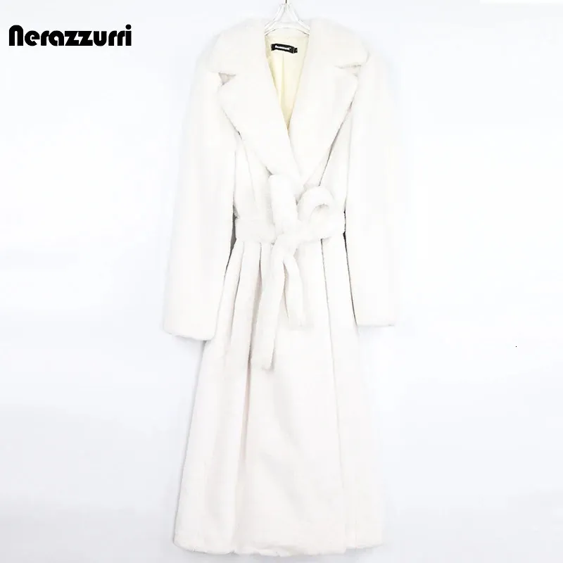 Nerazzurri Winter Lang Weiß Schwarz Warm Flauschiger Kunstpelzmantel Damen Langarm Gürtel Revers Stilvolle koreanische Mode ohne Knöpfe 240110