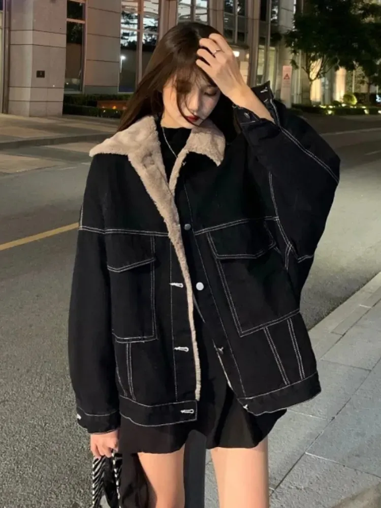 Korean Fashion Winter Frauen Mantel Warme 2023 Revers Denim Dicke Jacke Casual Arbeit Kleidung Baumwolle Gepolsterte Jacken für Tops 240109