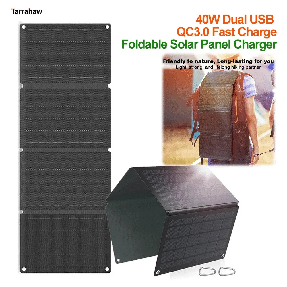 40W Solar Panel Phone Pad Charger Folding Bag ETFE 2 USB 30 Quick Charge Output Portable Outdoor Waterproof Povoltaic Pate 240110