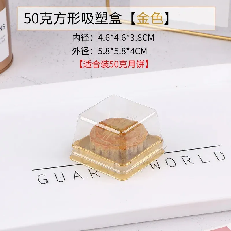 1000Sets Gold/Black 50G Square Moon Cake Trays Mooncake Packaging Box Container Holder With Covers Plastic Transparent Baking Dessert Cake Boxes