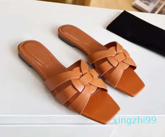 Pantoufles Sandales Designer Sandal Flat Tribute Sliders Diapositives en cuir véritable Chaussures à bretelles entrelacées